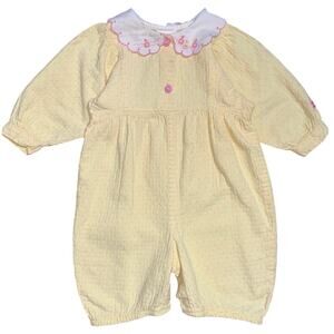 Vintage OshKosh Yellow Pink Dot Duck Peter Pan Collar Bubble Romper Size 6-9M